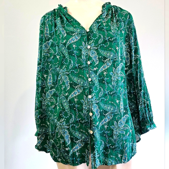 J. Jill Womens Ruffled Satin Top Paisley Tunic Top Button Up Cottagecore Green L - Picture 7 of 13
